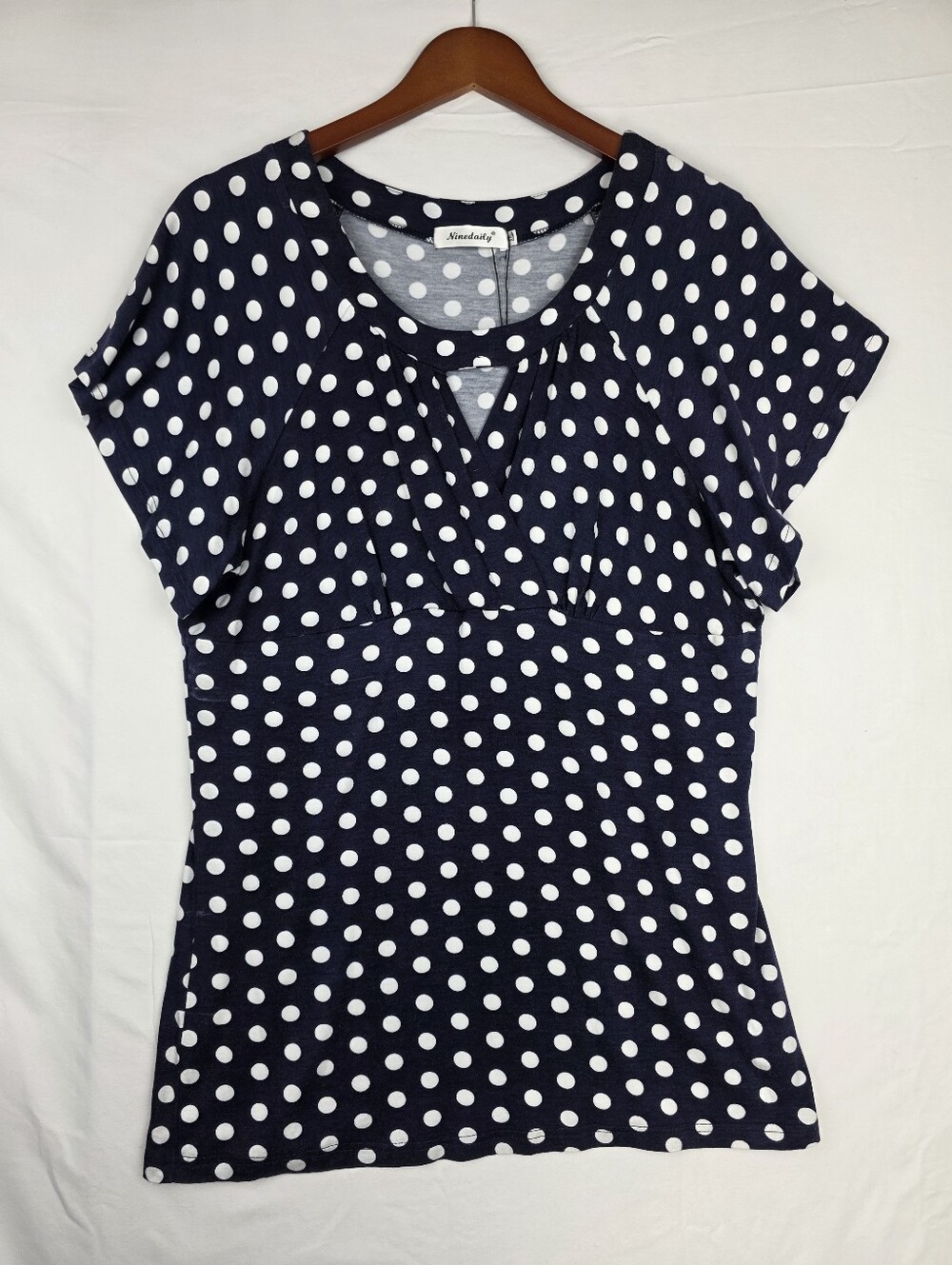 Navy Polka Dot Keyhole Top XL Spluce Fitted Cap Sleeve Stretch Blouse